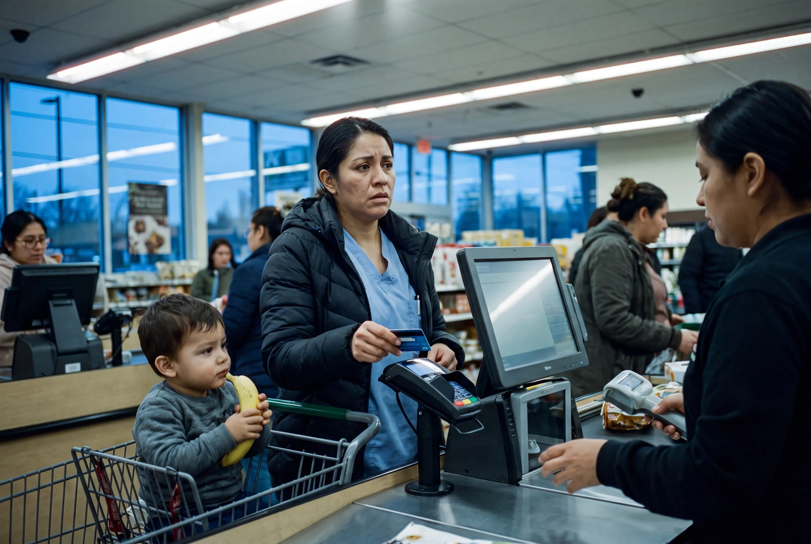 A mother in hospital scrubs pays at a grocery checkout while her toddler sits in the cart.