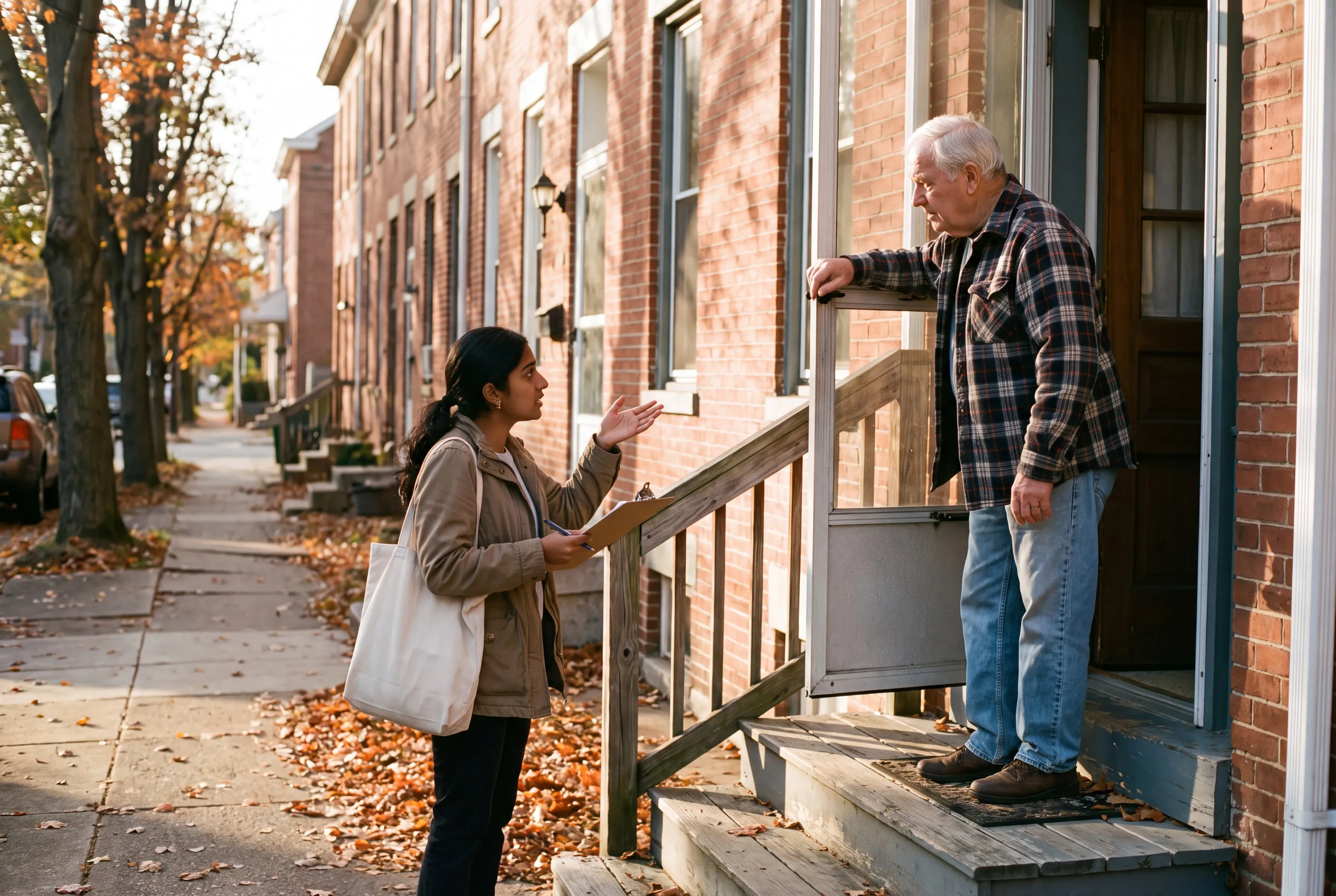 A volunteer with a clipboard talks with an older man at his front door on a street of brick row houses.