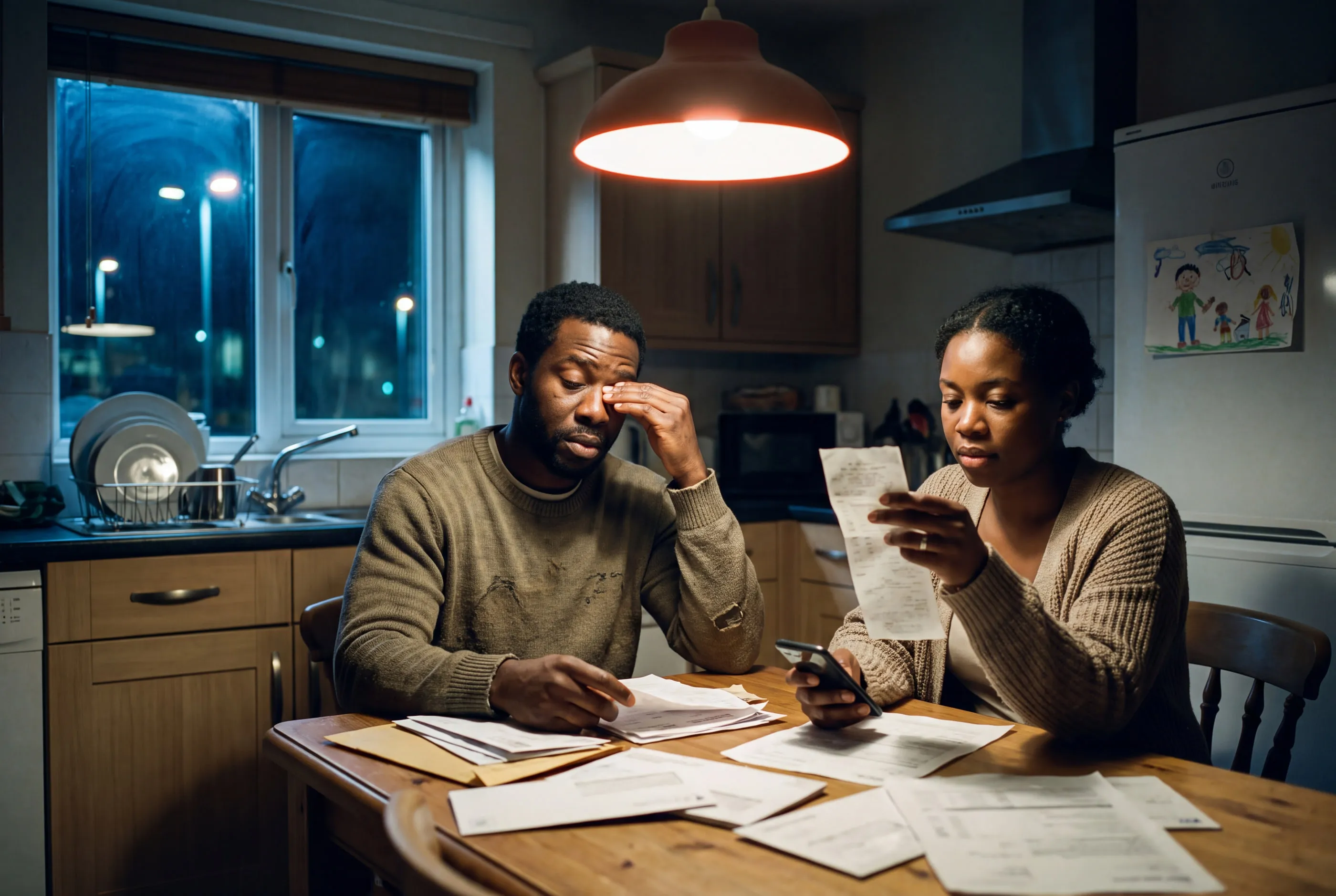 A couple at their kitchen table late at night, sorting through bills and grocery receipts under a single lamp.