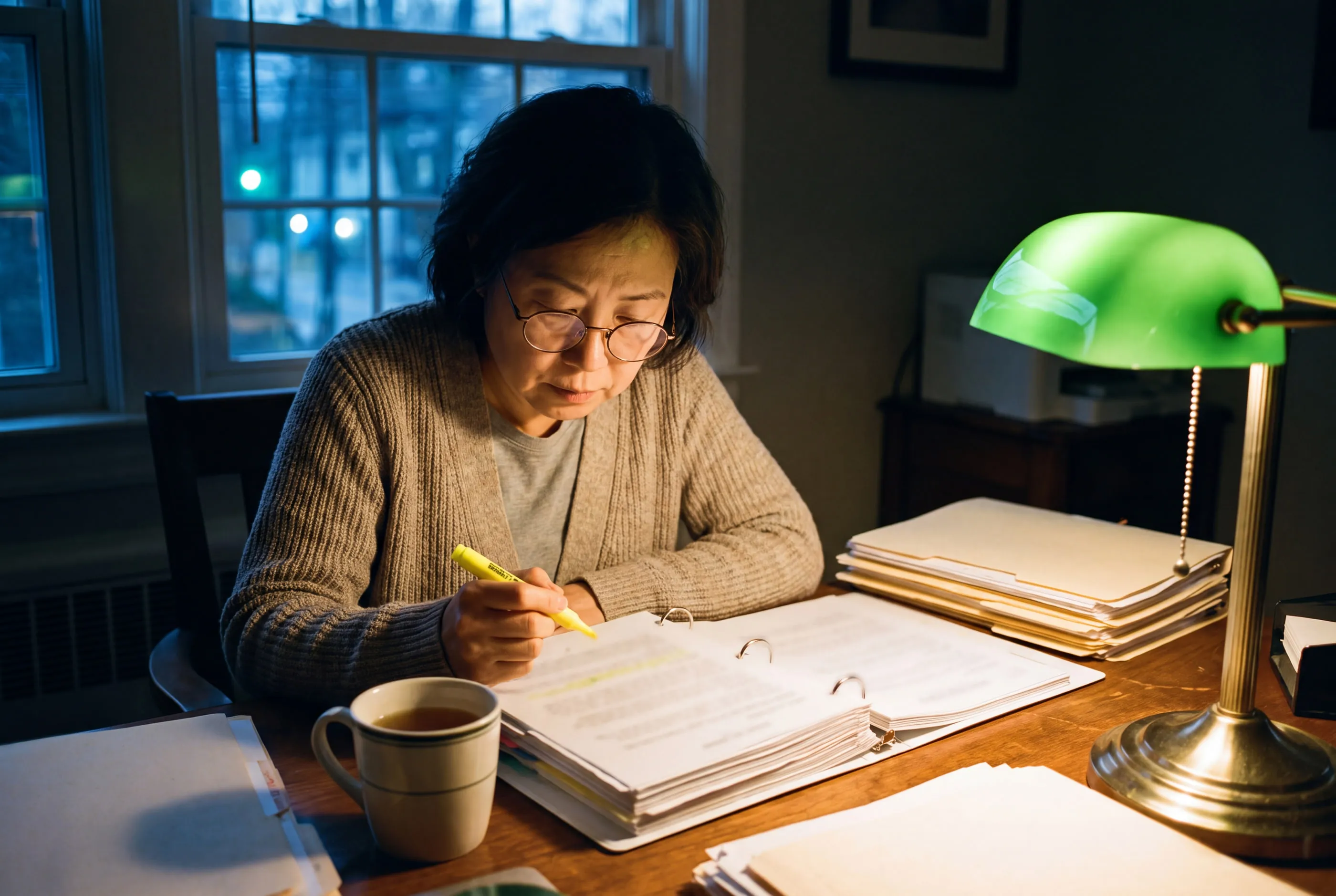 A volunteer treasurer reviews binders of financial reports under a desk lamp.