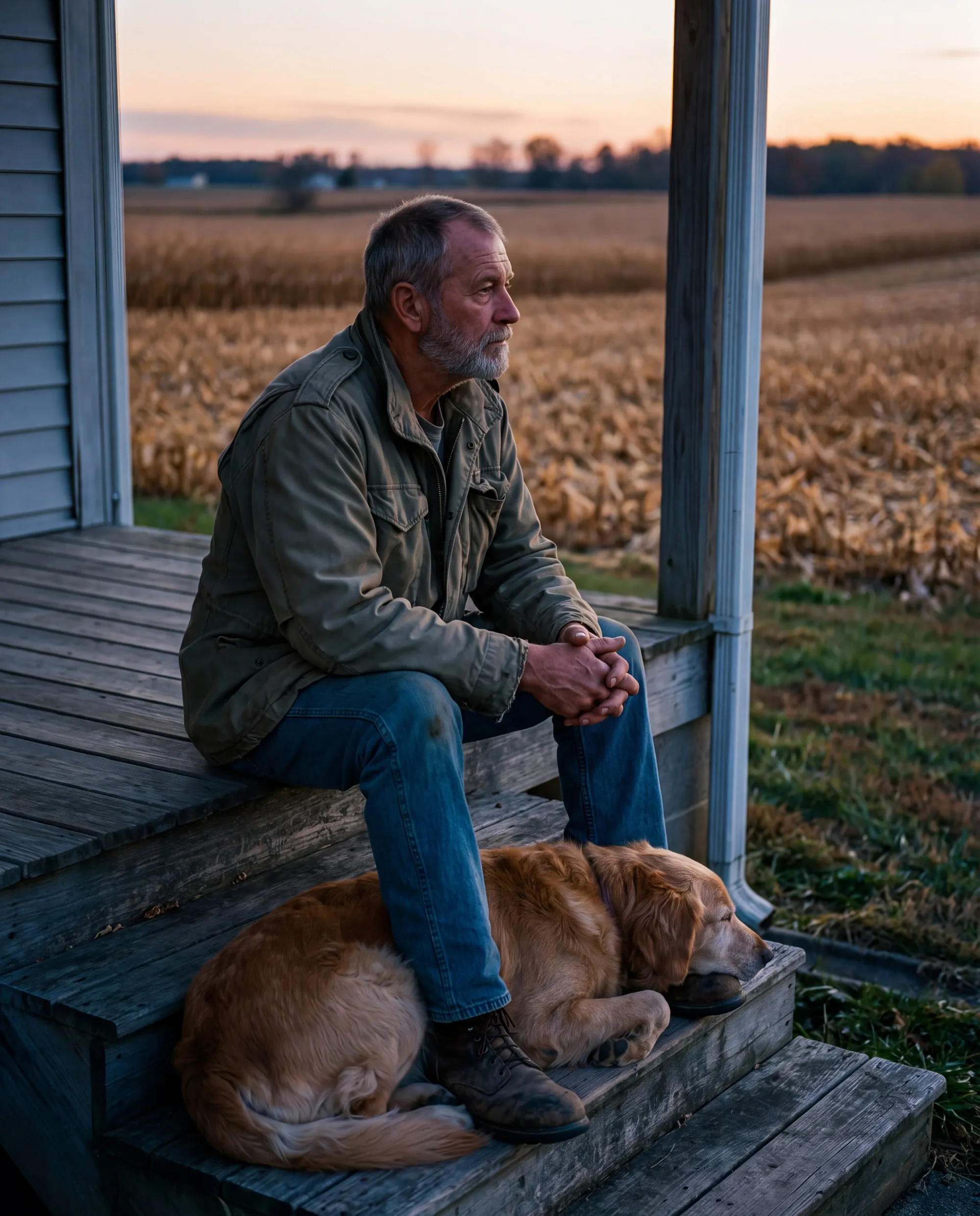 A veteran in a field jacket sits on his farmhouse porch steps with his dog at dusk.